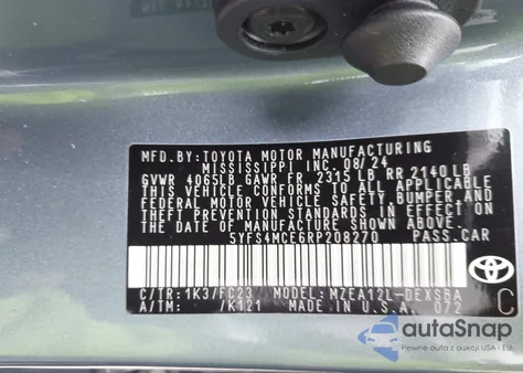 2024 Toyota Corolla Se из США, поврежденный, VIN 5YFS4MCE6RP208270